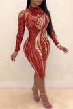 Red Fashion Sexy Patchwork Sequins See-through O Neck Long Sleeve Dresses