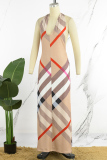 Brown Sexy Casual Print Bandage Backless Halter Long Dress Dresses