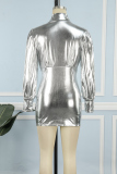 Silver Sexy Street Solid Patchwork Pleated V Neck Pleated Dresses(No Boots)