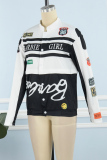 Black Street Letter Print Patchwork Pocket Buckle Buttons Printing Mandarin Collar Long Sleeve Two Pieces(Detachable)