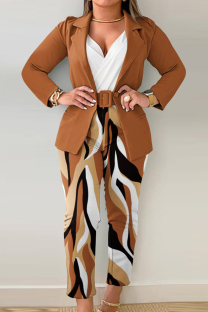 Coffee Elegant Print Patchwork With Belt Turn-back Collar Long Sleeve Two Pieces