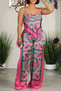 Rose Red Sexy Print Patchwork Spaghetti Strap Sleeveless Two Pieces