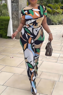 Multicolor Elegant Print Patchwork O Neck Short Sleeve Two Pieces