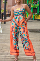 Tangerine Sexy Print Patchwork Spaghetti Strap Sleeveless Two Pieces