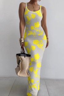 Yellow Casual Print Backless Spaghetti Strap Long Dress Dresses