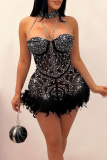 Red Sexy Hot Drilling Patchwork See-through Feathers Beading Mesh Halter Skinny Rompers