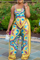 Yellow Sexy Print Patchwork Spaghetti Strap Sleeveless Two Pieces
