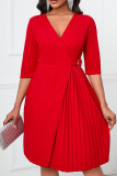 Red Casual Solid Patchwork Fold V Neck A Line Dresses