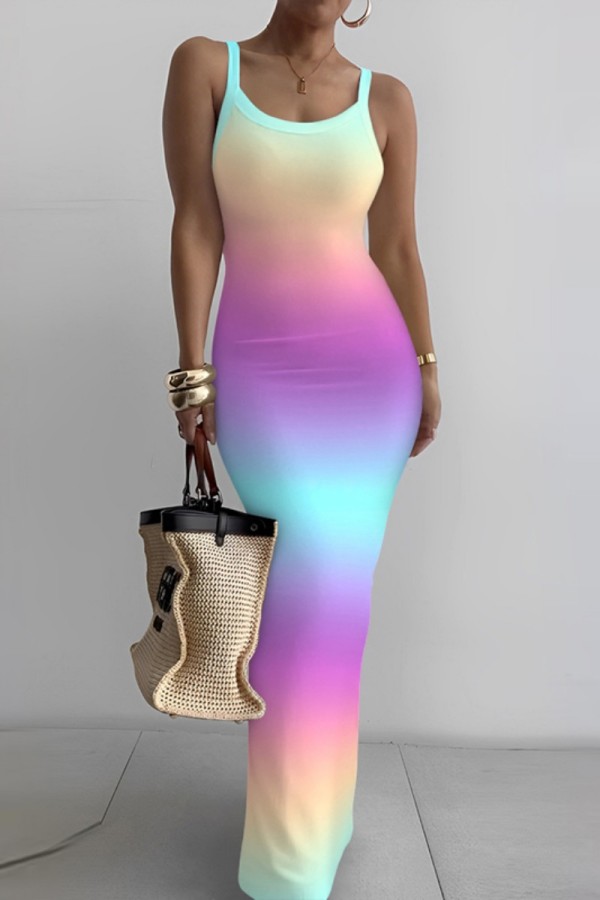 Colour Casual Print Backless Spaghetti Strap Long Dress Dresses