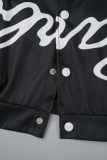 Black Street Letter Print Patchwork Pocket Buckle Buttons Printing Mandarin Collar Long Sleeve Two Pieces(Detachable)