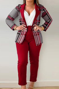 Red Stripe Elegant Print Patchwork With Belt Turn-back Collar Long Sleeve Two Pieces