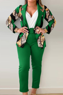 Green Elegant Print Patchwork With Belt Turn-back Collar Long Sleeve Two Pieces