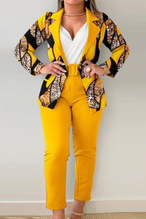 Yellow Elegant Print Patchwork With Belt Turn-back Collar Long Sleeve Two Pieces