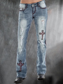 Baby Blue Motorpunk Cross Pattern Denim Trousers