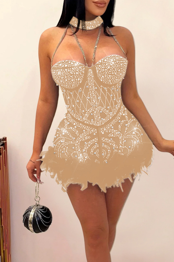 Apricot Sexy Hot Drilling Patchwork See-through Feathers Beading Mesh Halter Skinny Rompers