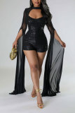 Black Sweet Party Celebrities Elegant Sequins Patchwork Cut Out Halter Skinny Rompers
