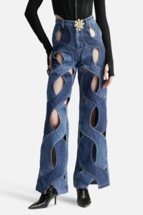 Blue Casual Patchwork Hollowed Out Contrast High Waist Straight Denim Jeans