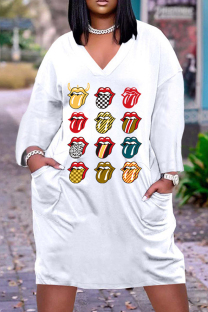 White Casual Patchwork V Neck Long Sleeve Dresses