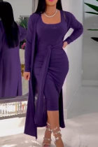 Purple Casual Solid Patchwork U Neck Long Sleeve Two Pieces