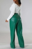Green Casual Solid Patchwork Regular High Waist Straight Solid Color Trousers