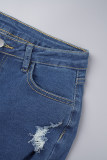 Deep Blue Street Solid Ripped Patchwork Pocket Buttons Zipper High Waist Skinny Denim Jeans
