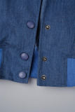 Deep Blue Street Solid Hollowed Out Patchwork Pocket Buckle Mandarin Collar Long Sleeve Two Pieces