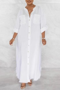 White Casual Solid Patchwork V Neck Shirt Dress Dresses
