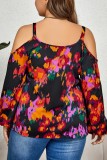 Black Casual Print Hollowed Out Backless Spaghetti Strap Plus Size Tops