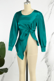 Green Casual Solid Slit O Neck Tops