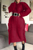 Burgundy Casual Solid Tassel Patchwork O Neck Straight Dresses