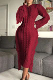 Burgundy Casual Solid Tassel Patchwork O Neck Straight Dresses