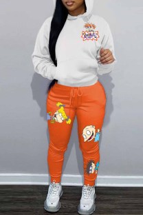 Orange Casual Character Print Letter Hooded Collar Long Sleeve Two Pieces