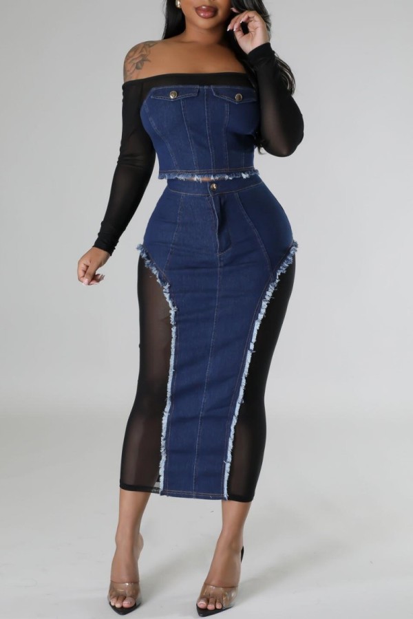 Blue Casual Patchwork See-through Contrast Off the Shoulder Long Sleeve Two Pieces