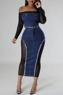 Blue Casual Patchwork See-through Contrast Off the Shoulder Long Sleeve Two Pieces