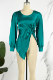 Green Casual Solid Slit O Neck Tops