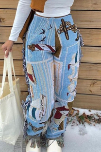 Light Blue Elegant Print Tassel Patchwork Regular Mid Waist Full Print Bottoms