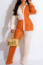 Tangerine Red Casual Patchwork Buckle Fold Contrast Turndown Collar Long Sleeve Two Pieces