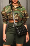 Grey Casual Camouflage Print Patchwork Turndown Collar Outerwear