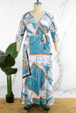 Blue Casual Print Frenulum V Neck Long Dress Plus Size Dresses