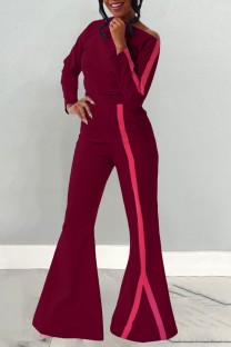 Burgundy Casual Solid Patchwork Oblique Collar Long Sleeve Two Pieces