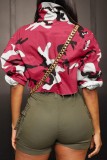 Red Casual Camouflage Print Patchwork Turndown Collar Outerwear