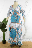 Blue Casual Print Frenulum V Neck Long Dress Plus Size Dresses