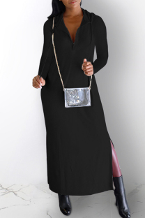 Black Casual Solid Slit Hooded Collar Long Sleeve Dresses