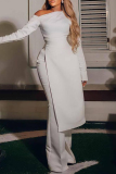 White Casual Solid Patchwork Slit Oblique Collar Long Sleeve Two Pieces