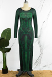 Green Elegant Print Patchwork Backless O Neck Printed Dress Dresses