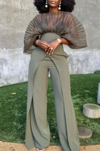 Grey Casual Solid See-through O Neck Two Pieces