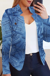 Blue Casual Print Cardigan Outerwear