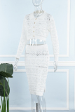 White Casual Solid Hollowed Out Patchwork Buckle Slit Turndown Collar Long Sleeve Two Pieces