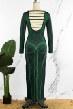 Green Elegant Print Patchwork Backless O Neck Printed Dress Dresses