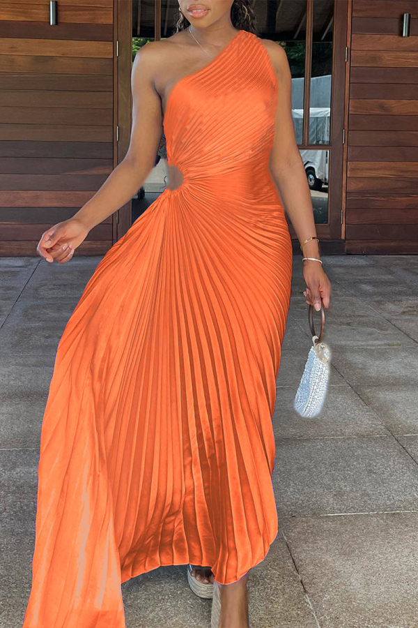 Tangerine Red Elegant Solid Hollowed Out Fold Reflective Oblique Collar Irregular Dress Dresses
